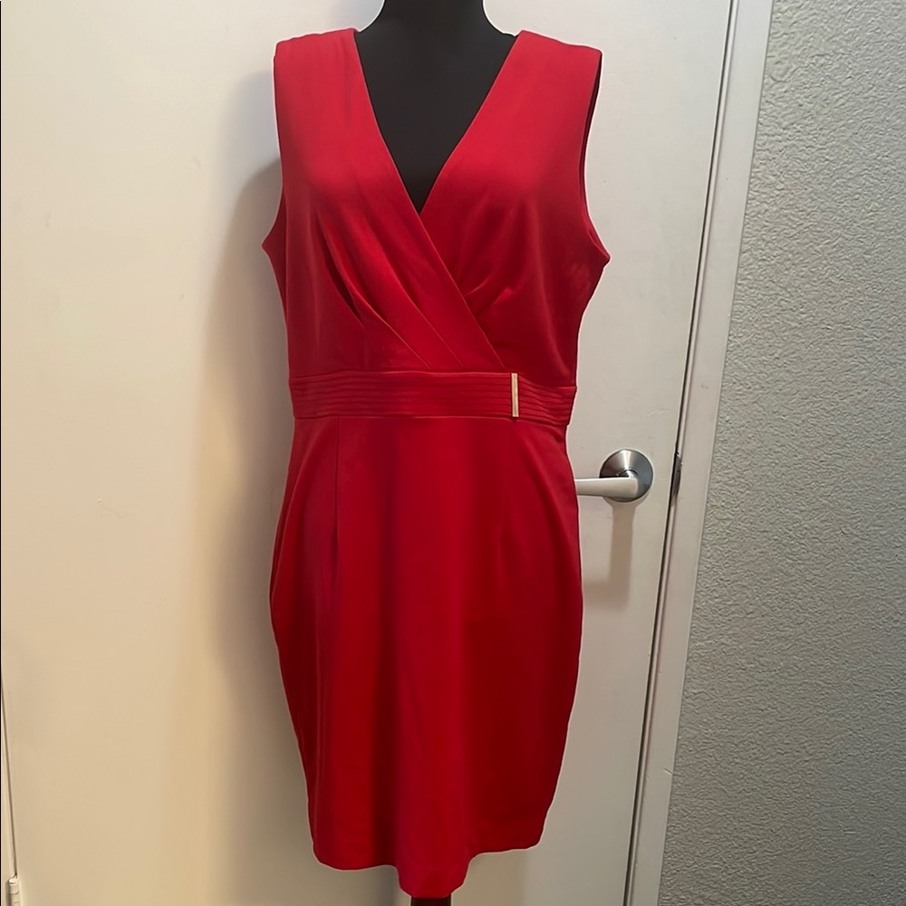 Calvin Klein Red Knee-Length Ruched Sheath‎ Dress